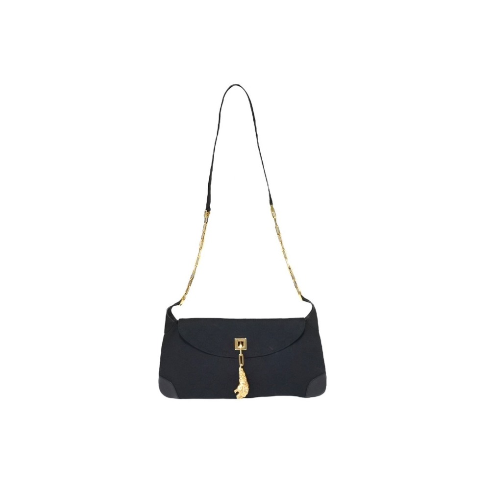 GUCCI Tiger Head One Shoulder Hobo Bag GG Canvas Leather Black